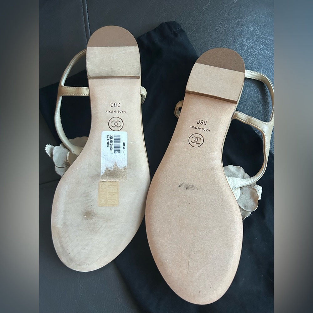 Chanel Brown Leather Camelia Thong Slingback Sandals - Picture 10 of 12